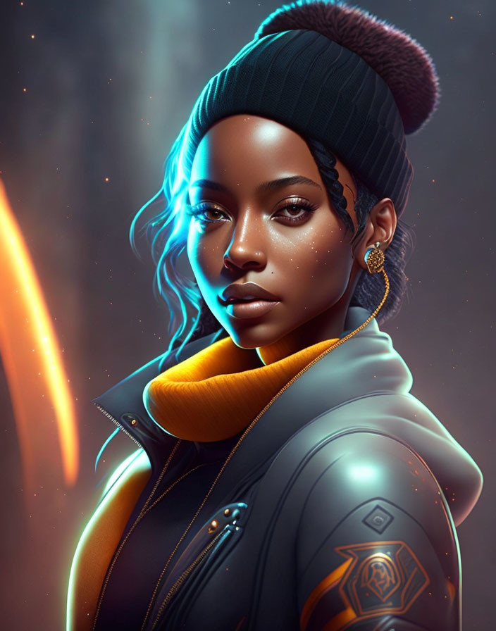 Digital artwork: Woman with glowing blue outlines, hat, earrings, futuristic jacket on ember-filled background