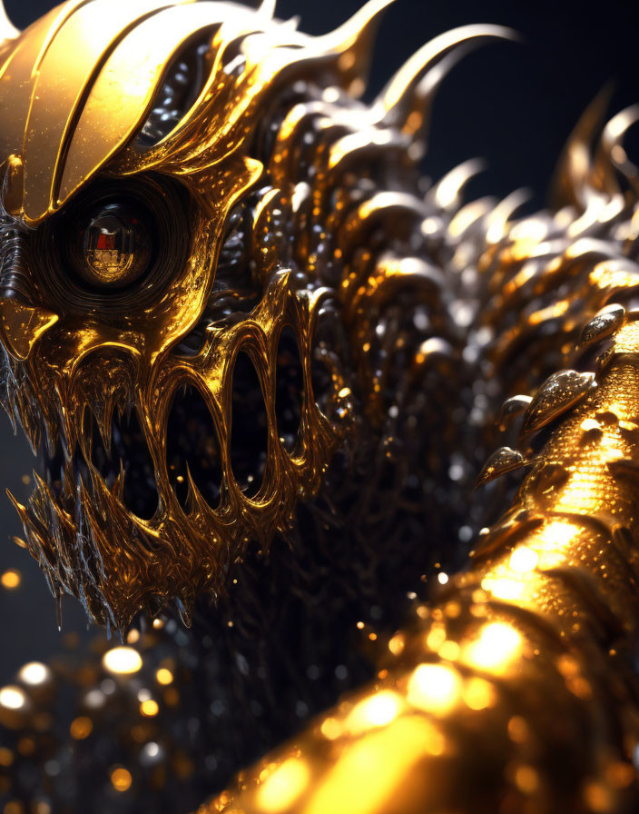 Detailed Metallic Golden Dragon with Red Eye on Dark Background