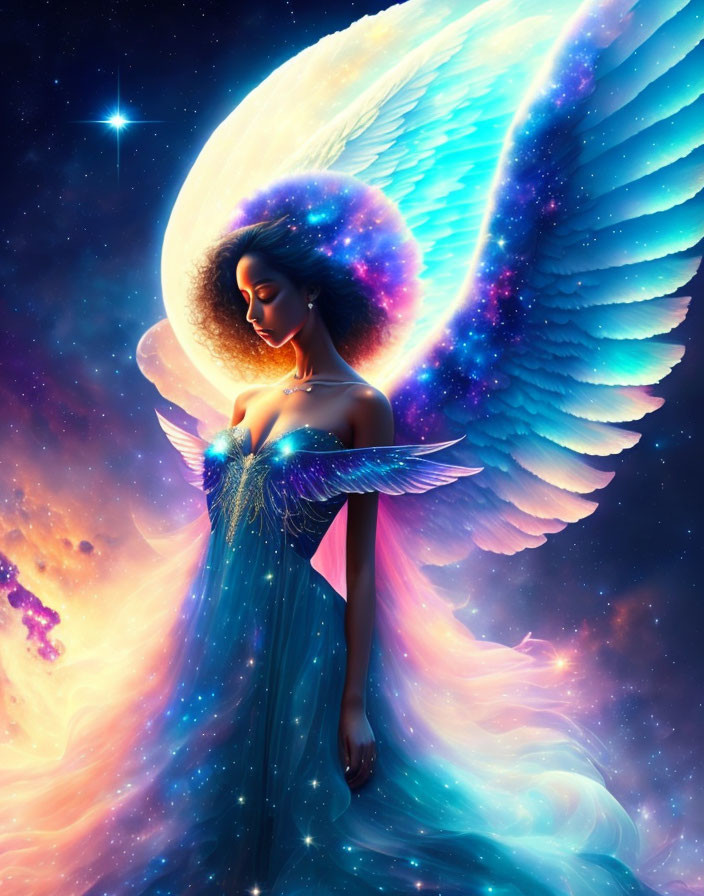 Celestial figure with large wings in flowing blue gown on cosmic backdrop