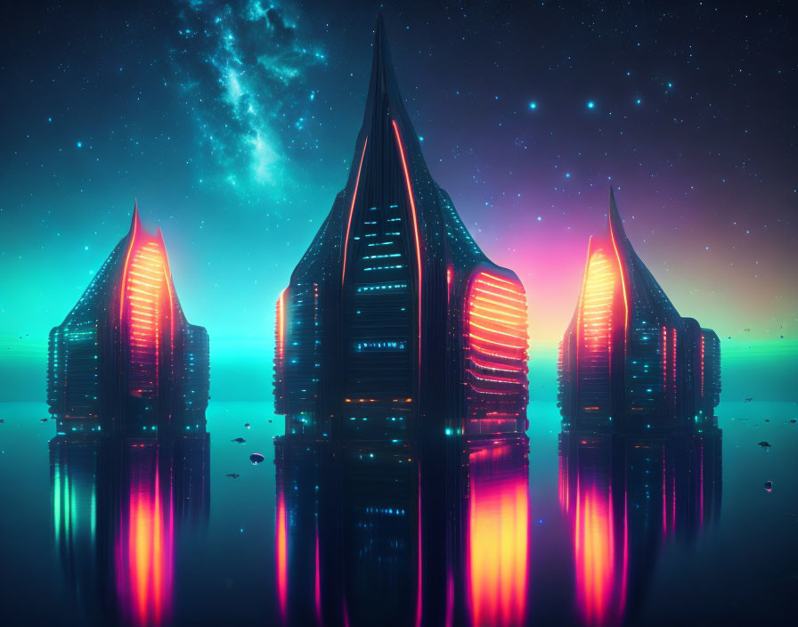 Neon-lit skyscrapers in futuristic cityscape under starry night sky