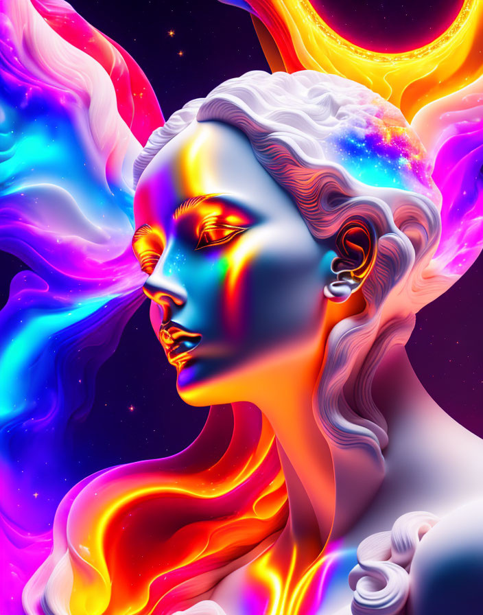 Colorful digital artwork: Woman's profile with cosmic and flame-like swirls