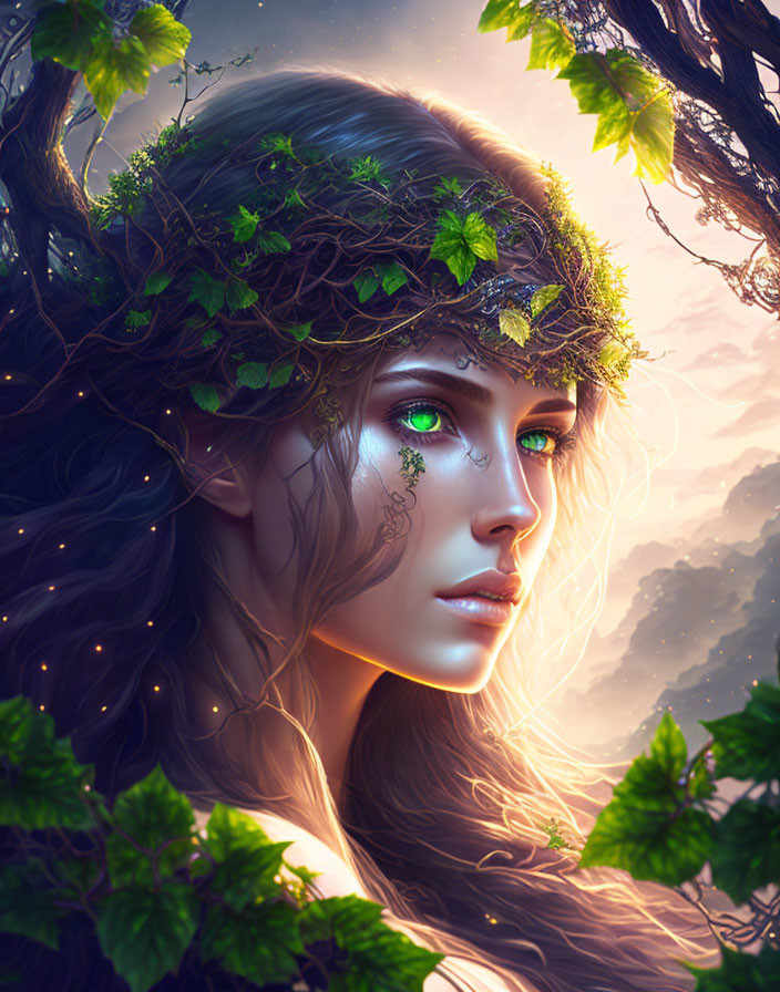 Digital artwork: Woman with green eyes, ivy & leaves, nature-inspired.