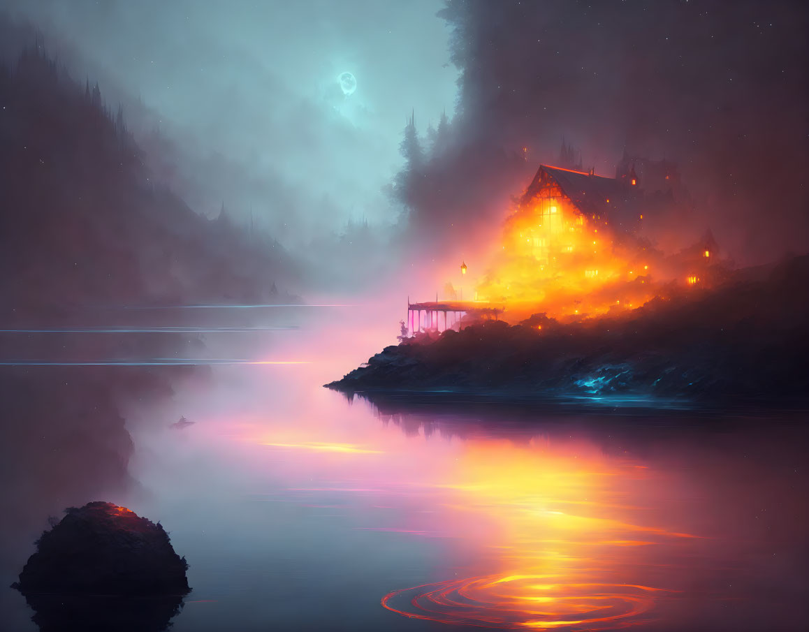 Tranquil lakeside dusk with luminous house reflection and crescent moon