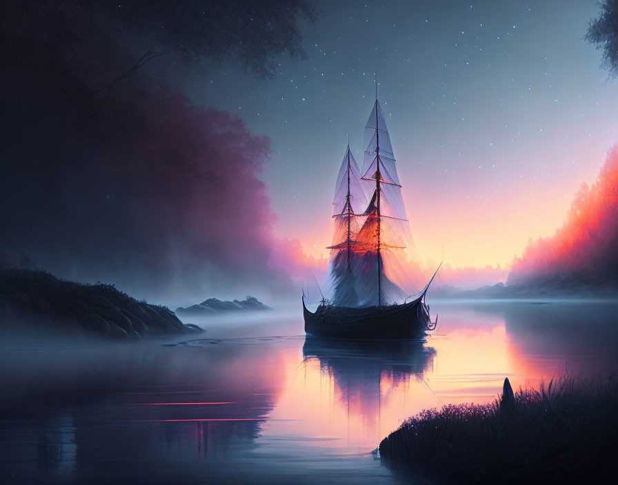 Sailing ship on tranquil river at dusk with vivid pink and blue hues