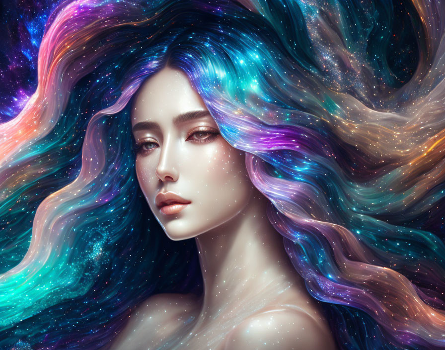 Digital artwork: Woman with flowing cosmic hair on starry background