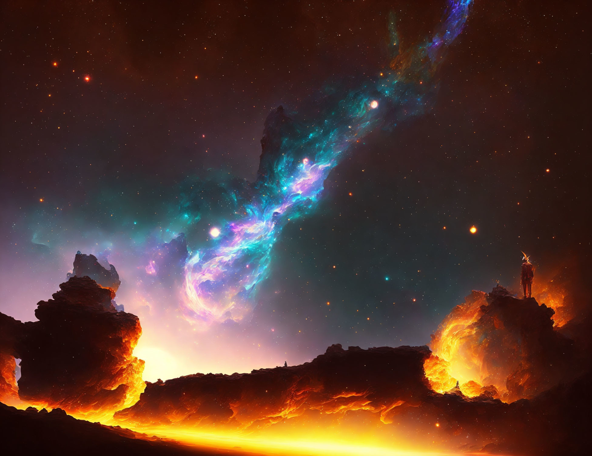 Vibrant cosmic scene with nebula, stars, glowing horizon, and alien landscape