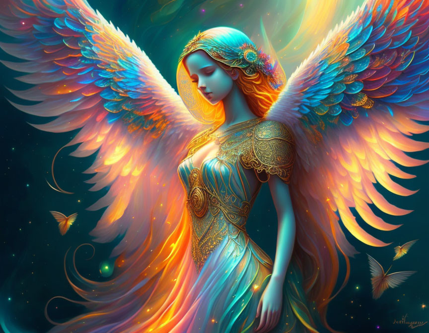 Ethereal woman with luminous wings in rich blue and orange backdrop