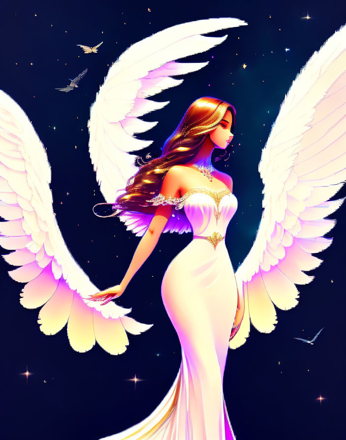 Angel with white wings in starry night sky wearing gown & golden accessories