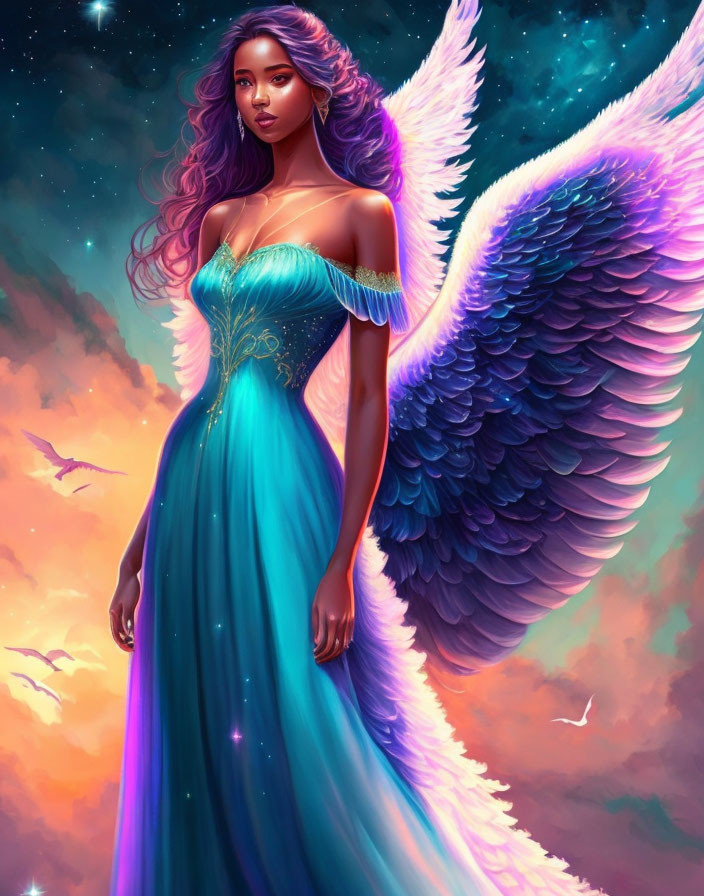 Digital artwork of woman with purple hair, white wings, blue dress against twilight sky.