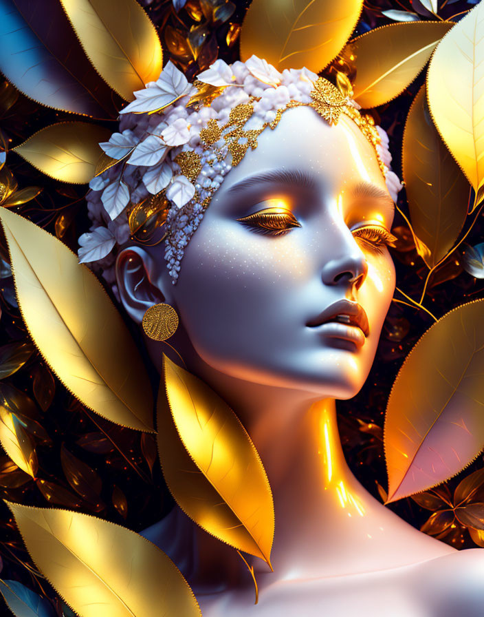 Stylized portrait of woman with white flowers and golden jewelry