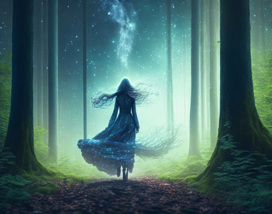 Mystical figure in flowing dress in forest under starry sky