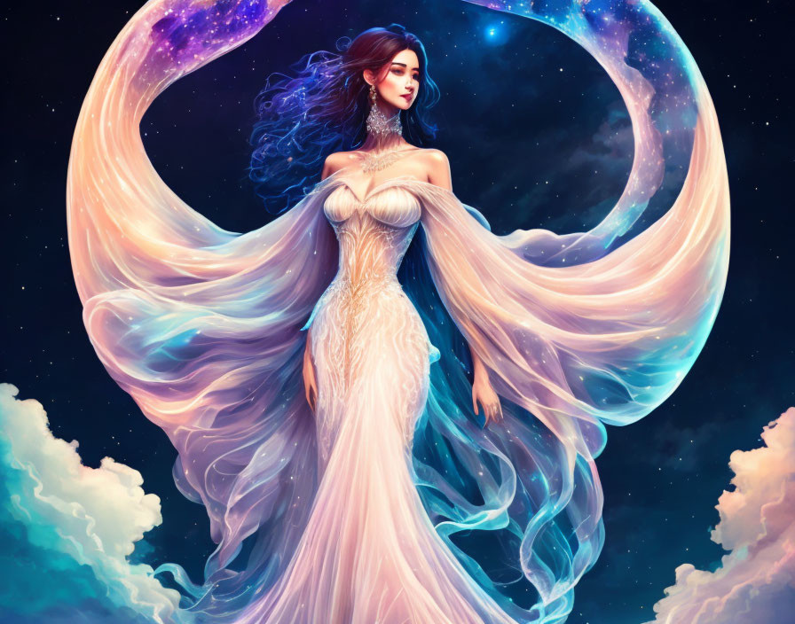 Ethereal woman with blue hair in celestial setting.