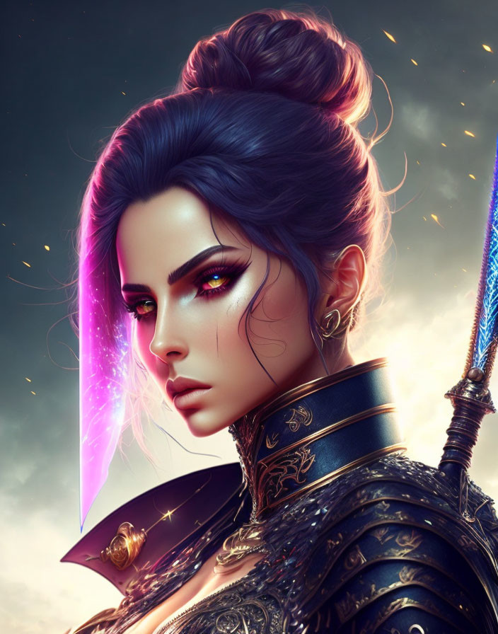 Fictional female warrior with red eyes, neon hair highlights, ornate armor, and glowing sword