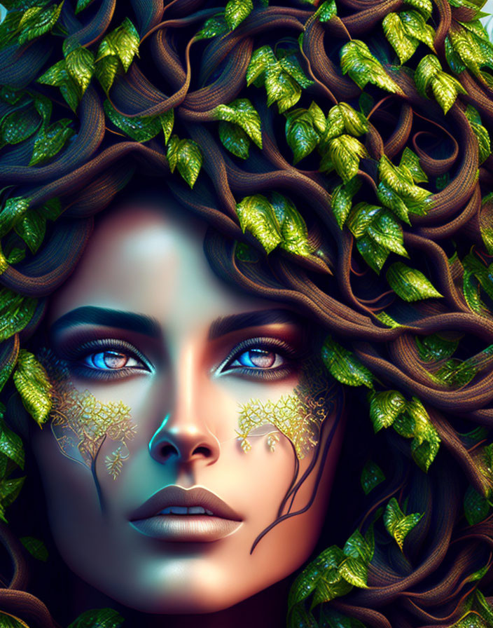 Portrait of woman with green leaves intertwined in hair and leafy patterns on cheeks