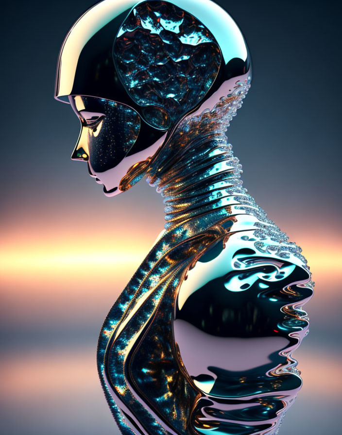 Shiny helmeted humanoid figure with metallic spiraling body on orange gradient.