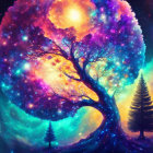 Colorful digital artwork: Tree branches create cosmic star pattern in vibrant nebula sky