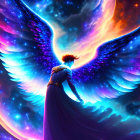 Winged figure with flowing hair in cosmic backdrop