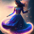 Ethereal woman in sparkling dress with celestial aura against dusky backdrop