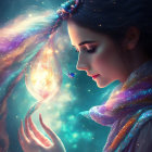 Woman's profile with cosmic hair merging into starry space, creating ethereal vibe