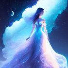 Surreal illustration of woman in galaxy-themed dress against cosmic backdrop