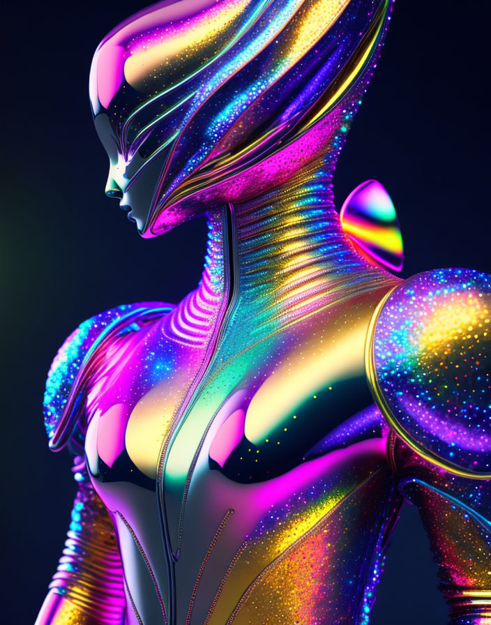 Multicolored futuristic humanoid in sleek armor suit with neon accents