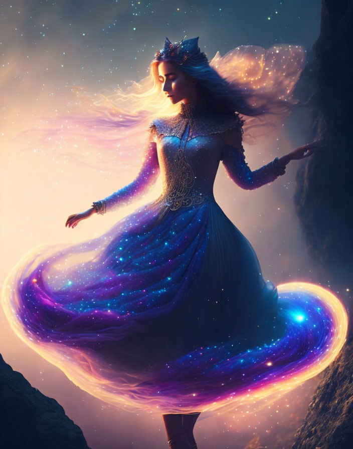 Ethereal woman with starry night sky attire in glowing setting