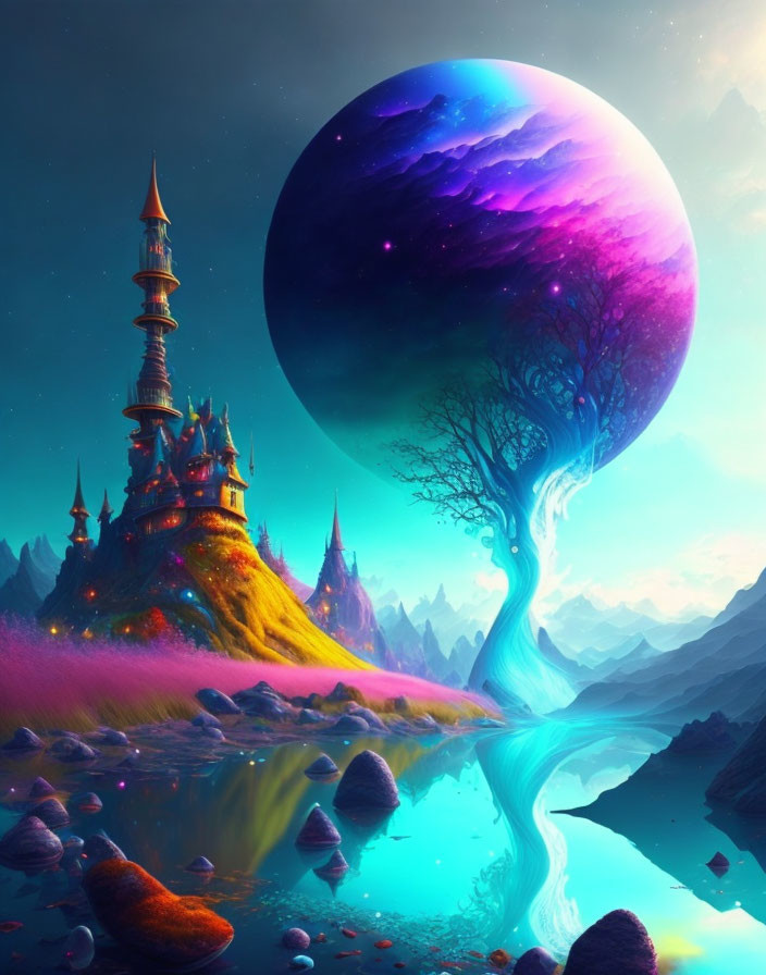 Colorful Castle, Swirling Tree, Reflective River, Massive Planet: Fantasy Landscape