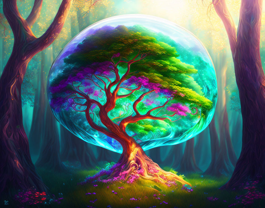 Multicolored tree in transparent bubble among mystical forest