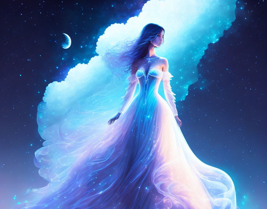 Radiant woman in flowing gown under crescent moon