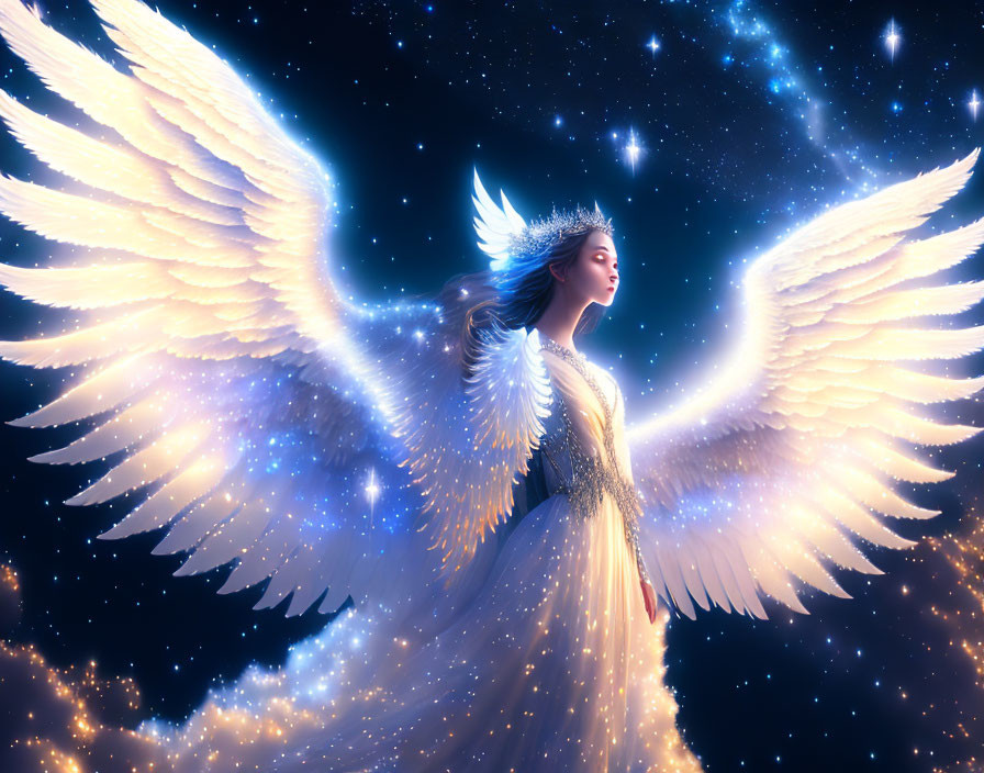 Serene angel with glowing wings in a starry background