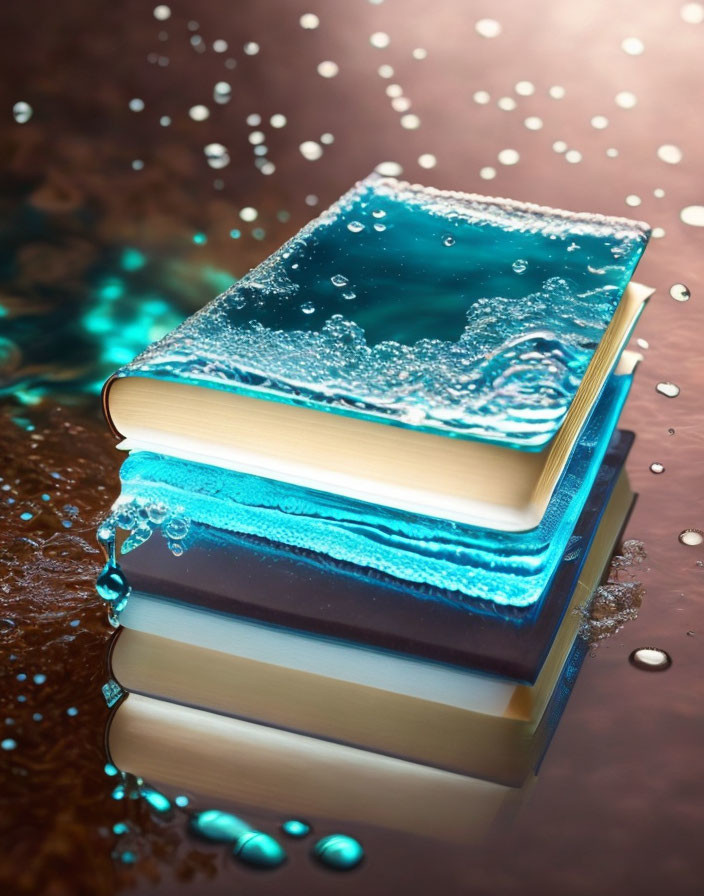 Hardcover books stack with blue water ripple cover on wet brown surface