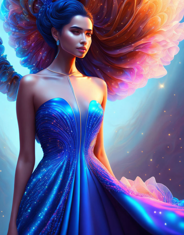 Digital art: Woman with voluminous hair in shimmering blue gown against dreamy backdrop