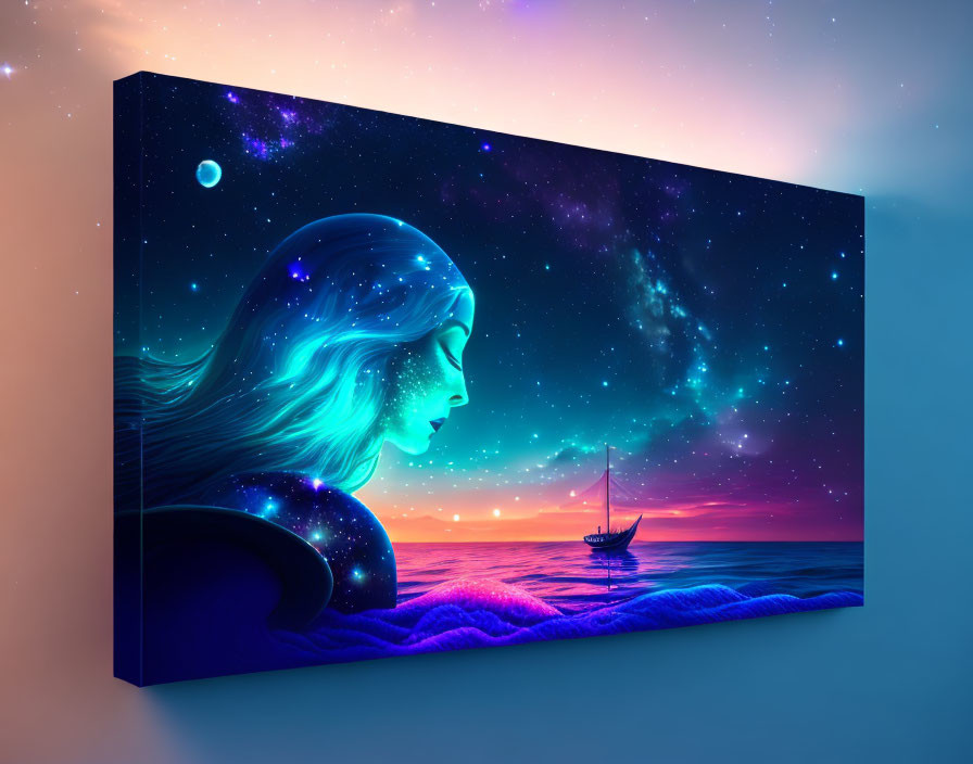 Profile of Woman Merged with Starry Night Sky Overlooking Sea