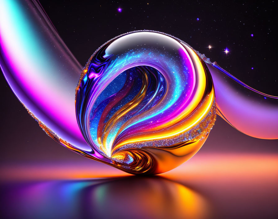 Swirling cosmic object with iridescent colors on dark background