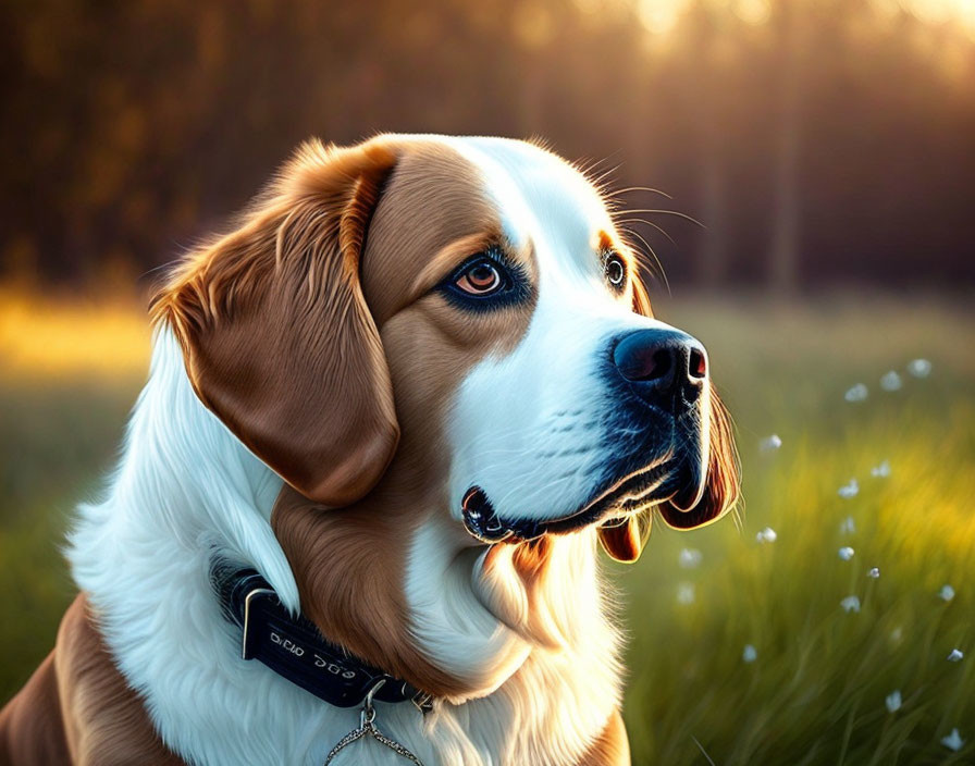 Beagle dog with collar in sunny field with white flowers