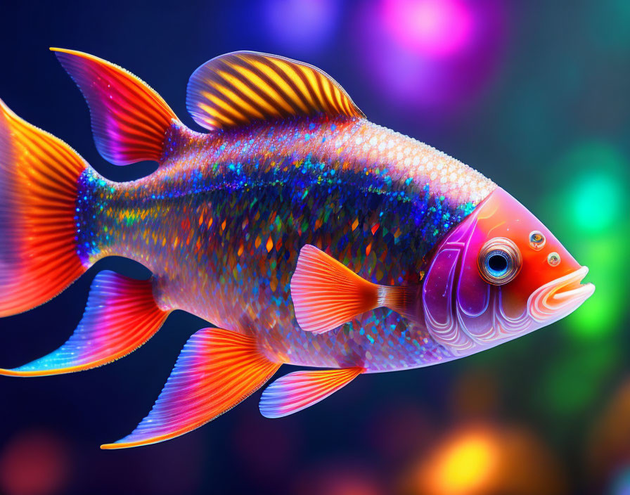 Colorful Fish with Iridescent Scales and Orange Fins on Bokeh Background