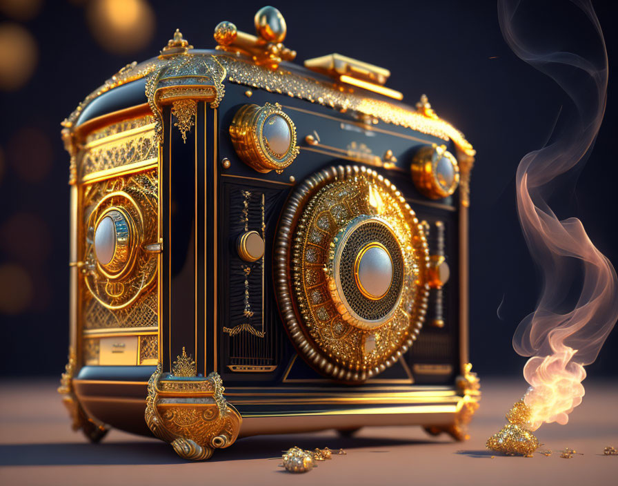 Vintage ornate camera with gold embellishments and swirling smoke, evoking a magical or steampunk