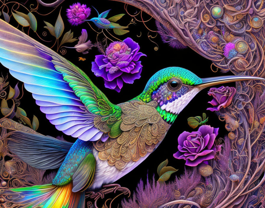 Colorful hummingbird illustration among ornate flowers and foliage