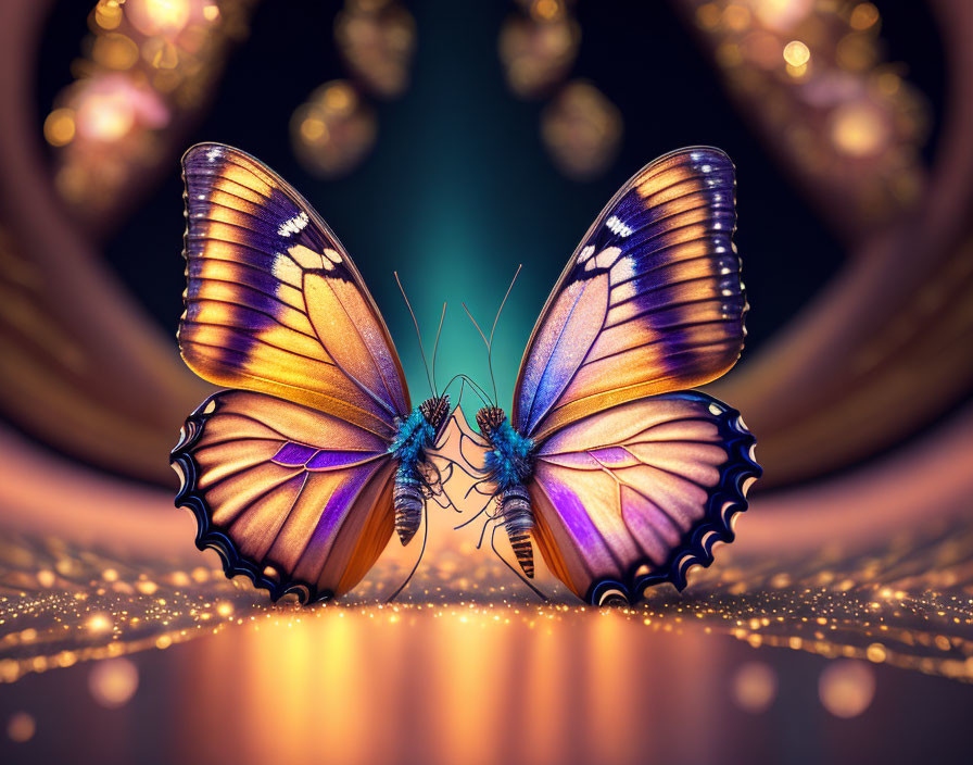 Colorful Butterfly Close-Up with Spread Wings on Sparkling Surface