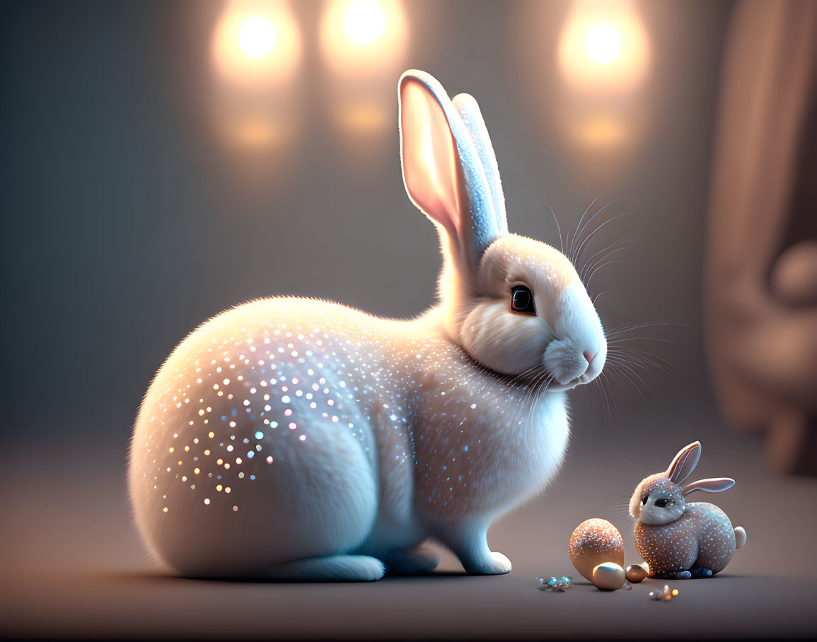 Realistic large and small rabbits with glowing orbs on soft surface