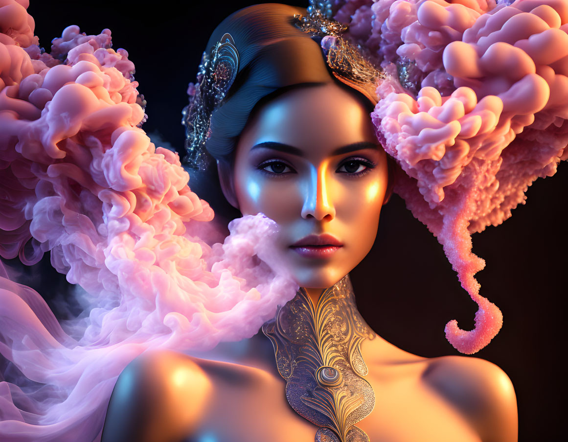 Digital artwork: Woman adorned with gold jewelry in swirling pink and purple smoke