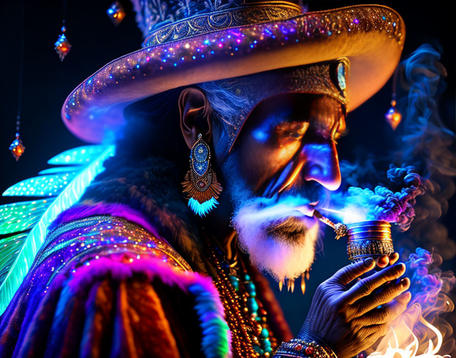 Elder in ornate hat and jewelry smoking pipe under ambient lighting