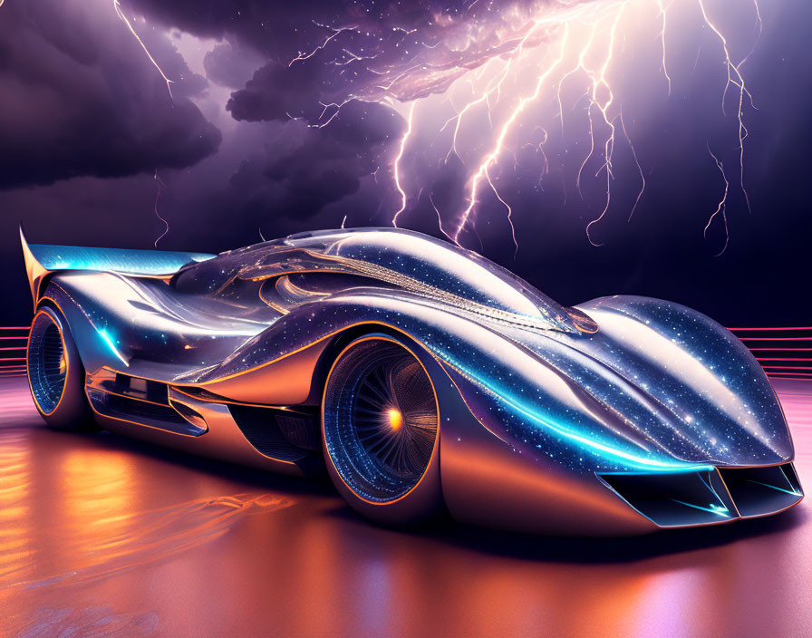 Futuristic car with glowing lines in dramatic purple sky