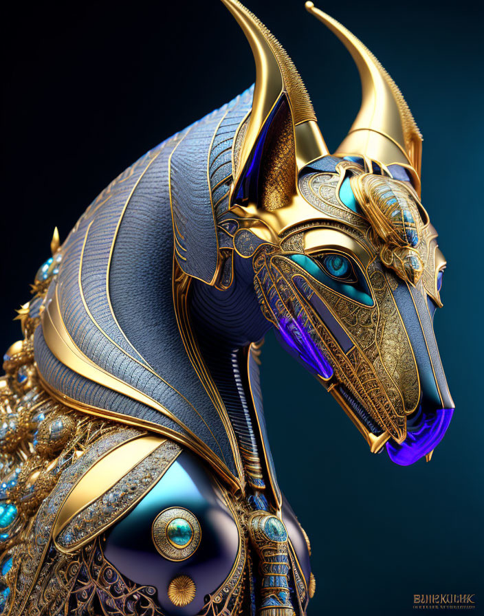 Detailed 3D rendering of fantasy anubis head with golden and blue armor and Egyptian engrav