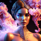 Digital artwork: Woman adorned with gold jewelry in swirling pink and purple smoke