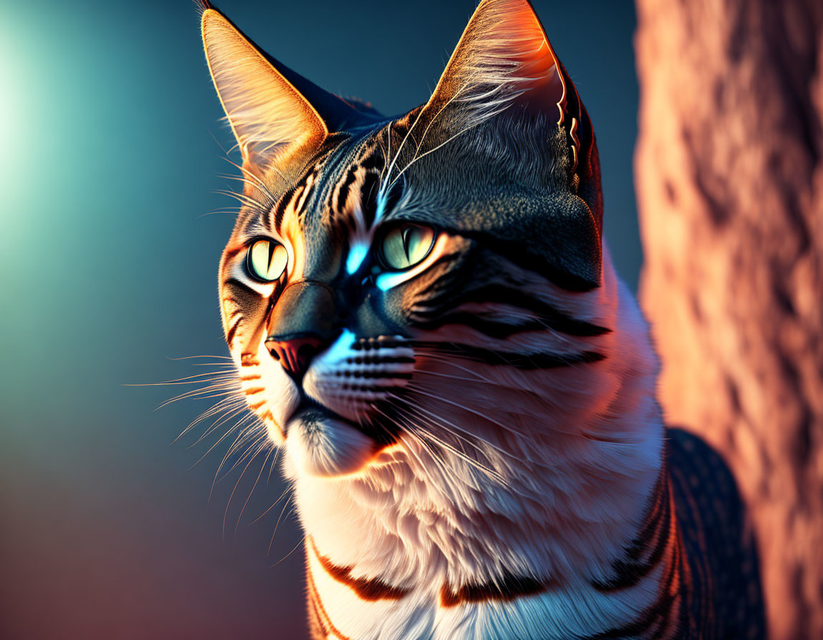 Detailed digital portrait of a cat with striking blue eyes and dramatic lighting