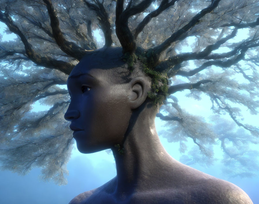 Digital image blending human and tree features with misty backdrop.