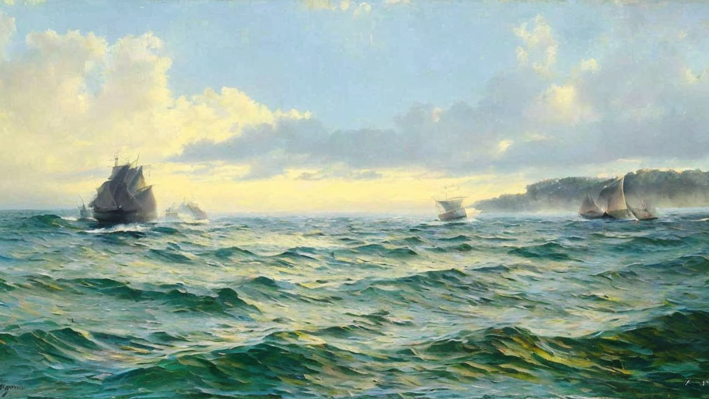 Sailing ships on choppy seas under sunlight and cloudy sky