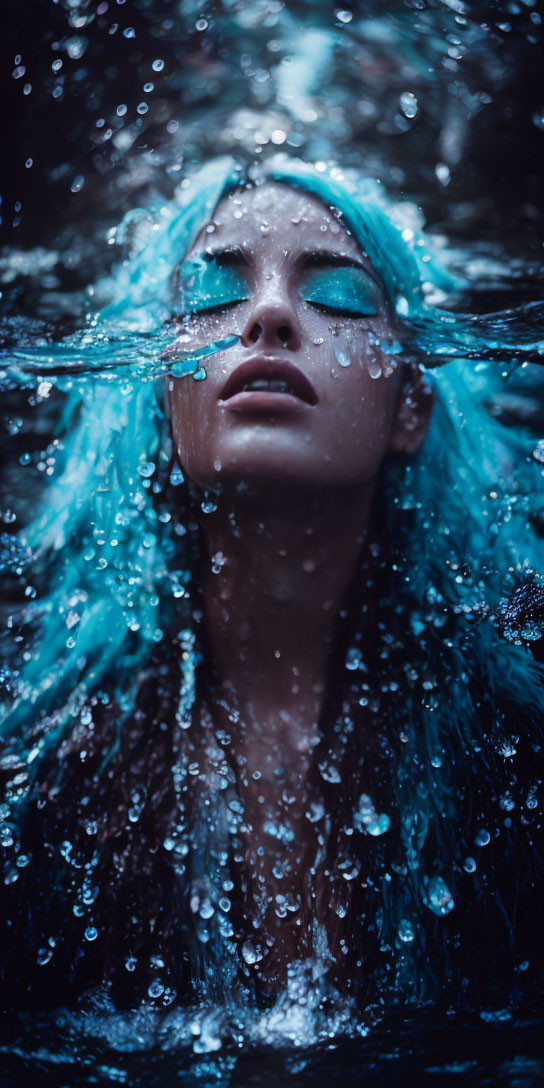 Blue-haired woman with matching makeup submerged in water with bubbles, eyes closed peacefully