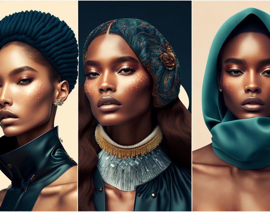 Artistic portraits of a woman with stylish headwear and unique makeup in vibrant blue and golden hues